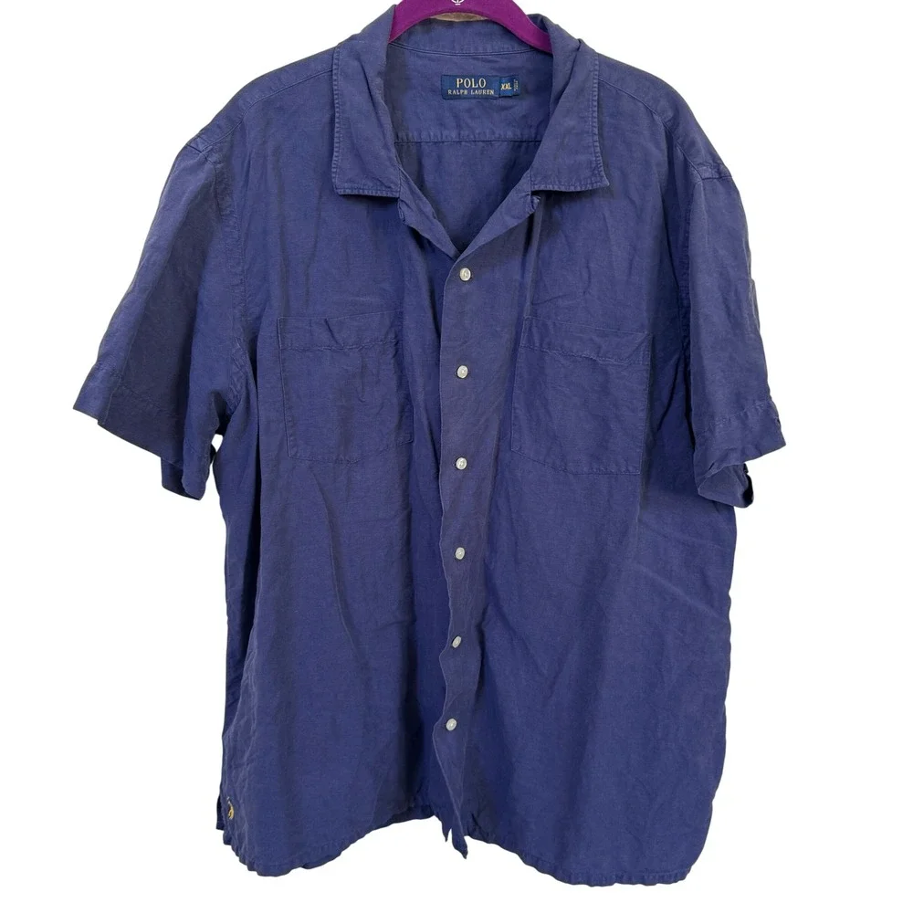 Polo Ralph Lauren Linen Silk Shirt Mens XXL Blue‎ Camp Casual Button Up Resort